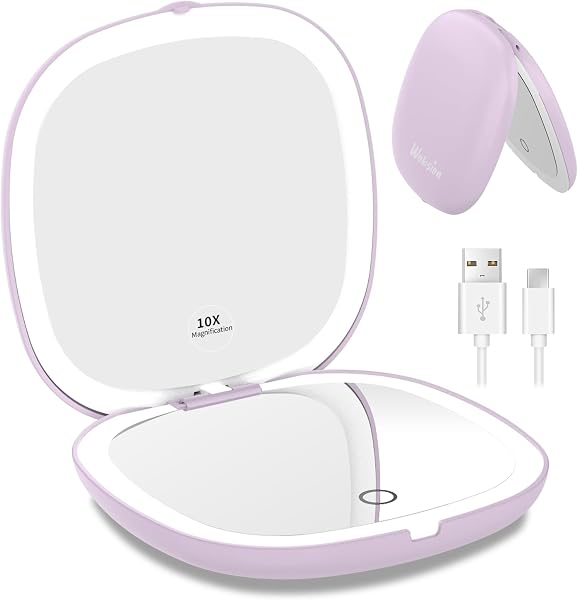 Espelho de Bolso Duplo Iluminado LED Recarregável USB-C (Ampliação 1× e 10× · Formato Compacto)
